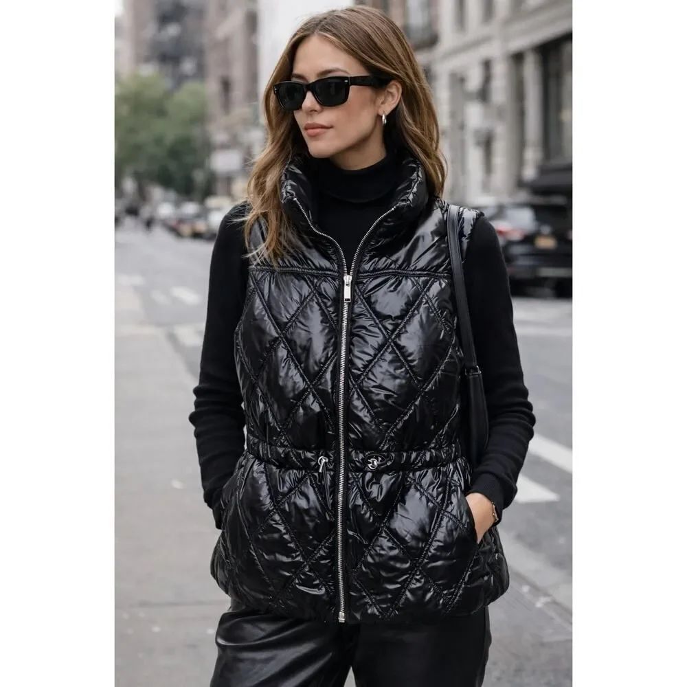 MICHAELβMichael Kors Women's L Black Glossy Quilted Puffer Vest Cinch Waist NWT